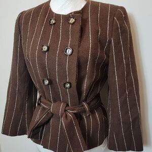 Vintage Amuleti Brown Pinstripe Cropped Belted Wool Blend Blazer Size 8
